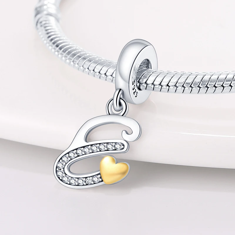 Fashion Silver-Plated Golden Heart Shape 26 Letters Pendants Fit Qikaola 925 Original Bracelets DIY Birthday Jewelry Gifts