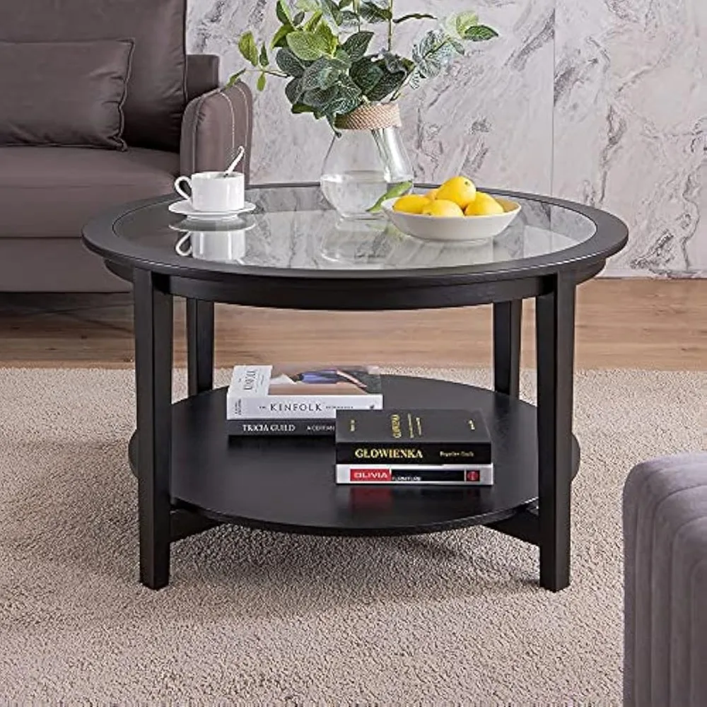 Modern Solid Wood Round Coffee Table with Tempered Glass Top,36 Inch Round Sofa Table for Living Room