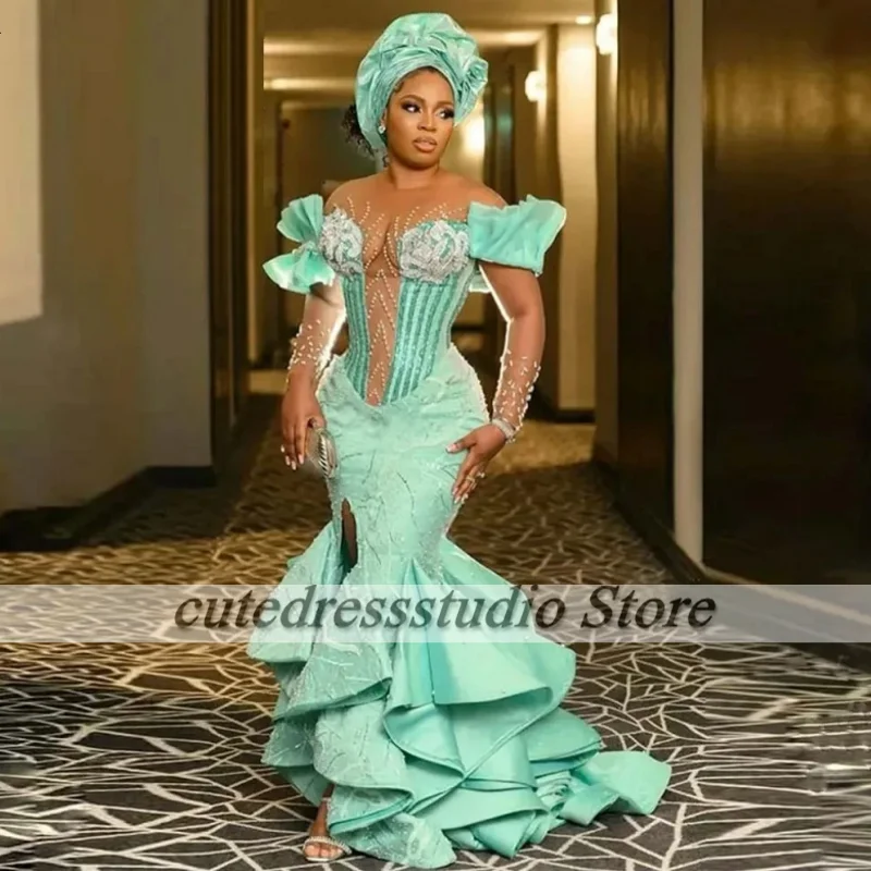 Aso Ebi-Robe de Soirée à Manches sulfpour Femme, Tenue Formelle, Couleur Menthe, à Volants, Fleur, Bal Africain, Tout Personnalisé