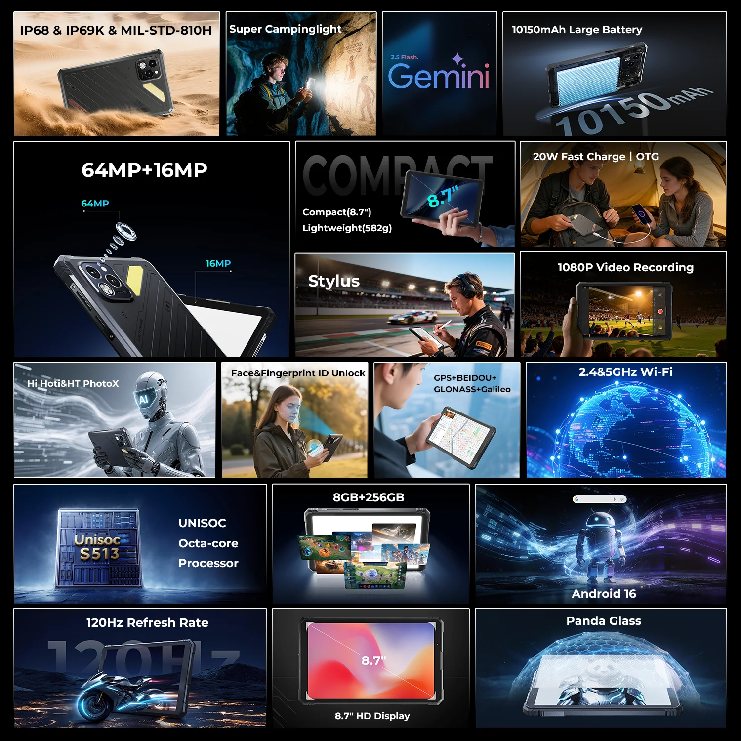 HOTWAV R11 Pro Octa-core Rugged Tablet 8.7'' HD 120Hz Display Lightweight 10150mAh Massive Battery 20W Fast Charging Shock-proof Waterproof Pad 8GB RAM+16GB Expansion 256GB ROM 64MP 16MP Camera Android 16 OS Tablet PC 1080P Global Dual 4G With Stylus Pen