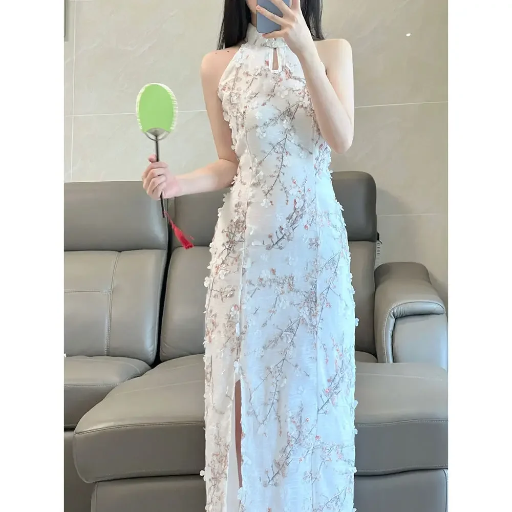 

Improved Chinese-style Qipao Sleeveless Halter Neck Cheongsam Dress Slim Bodycon Elegant Sexy Summer Wear Party Performance