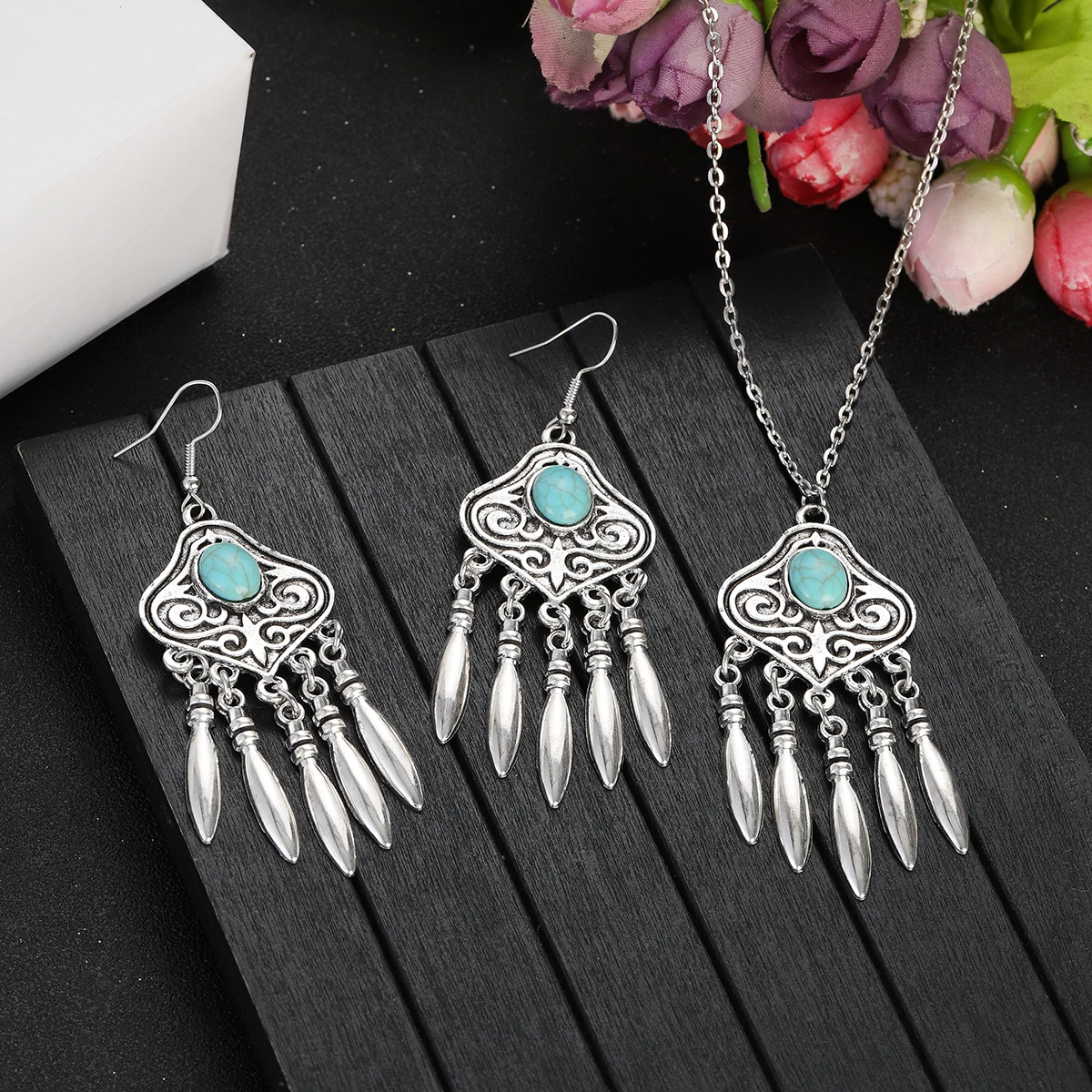 2023 Indian Jewelry Set Ethnic Silver Plated Geometric Carved Tassel Earring Necklace Women's Blue Turquoises Chain Jewelry