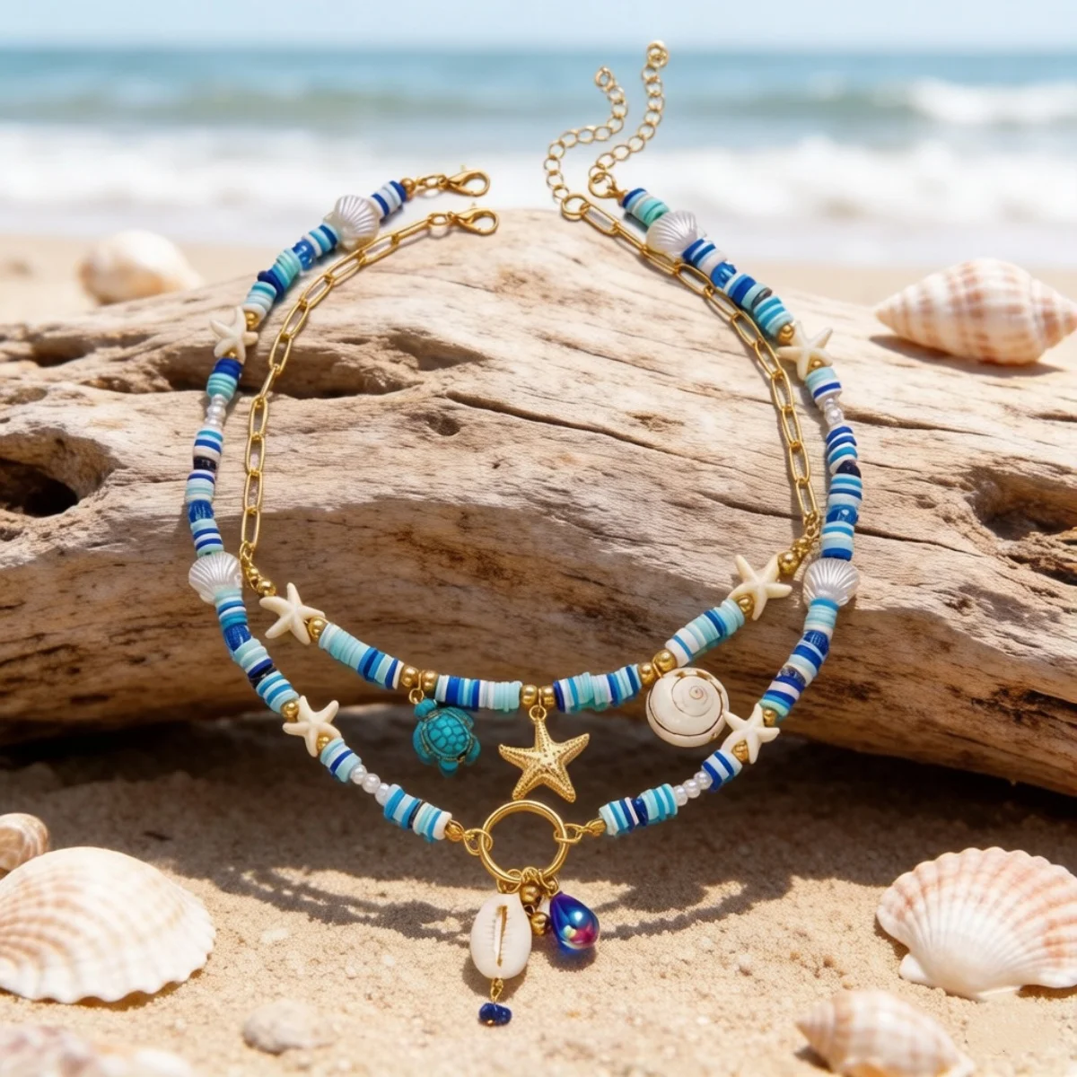 Halskette mit Seestern, Muschel, Schildkröte und Quaste aus Kunstharz für Damen und Herren, doppellagig, blau, aus weicher Tonperlen, Sommer-Strandschmuck – Detail 18