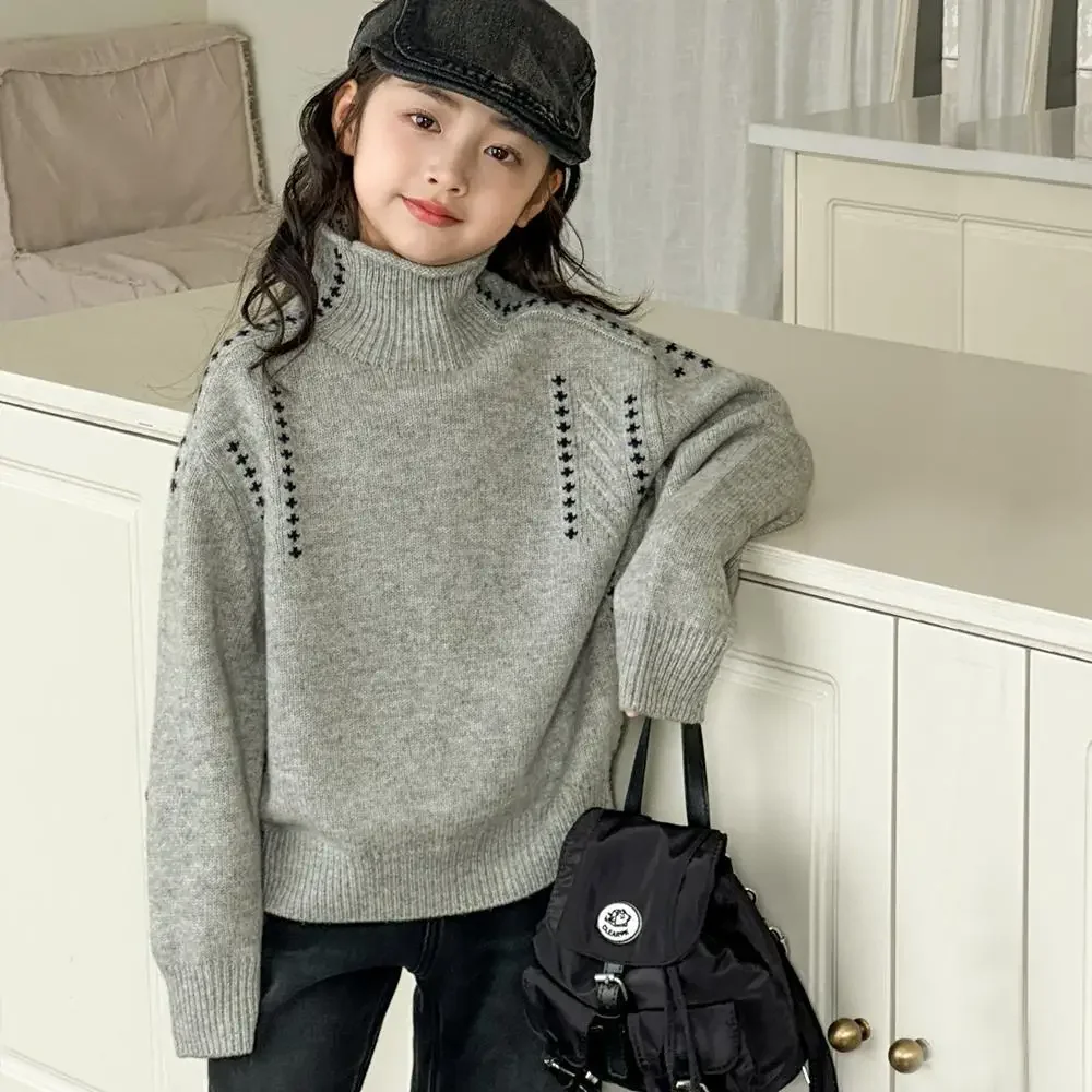 Girls Sweater 2024 Winter New Childrens Clothing Girls Baby Foreign Style Semi-turtleneck Wool Blend Base Shirt Casual Simple