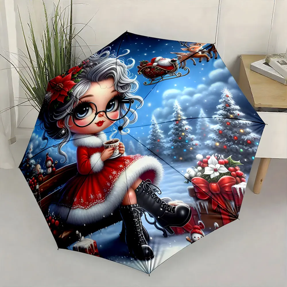 1PC Christmas-Themed Umbrella with Cute Cartoon Illustration Print 8 Iron Ribs Folding Umbrella Auto-Open Fashion Sunshade