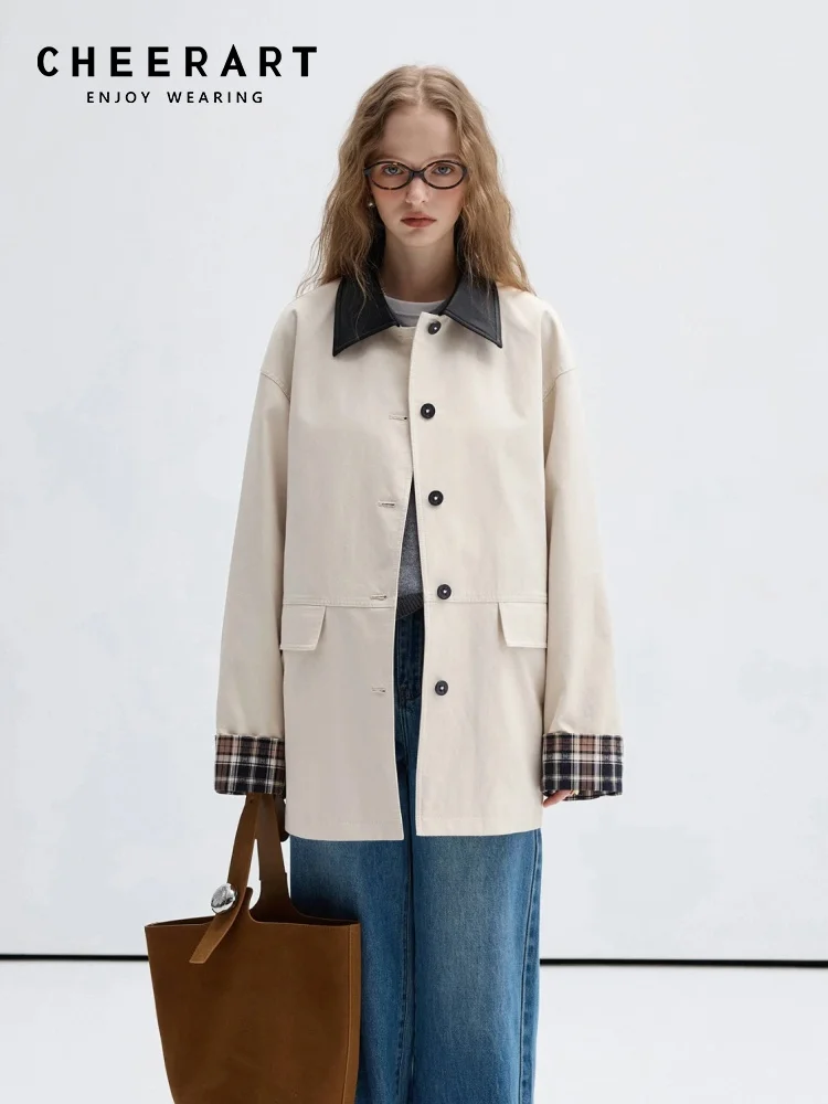 

CHEERART, осень 2024, женский плащ, верхняя одежда, длинные пальто с кожаным воротником, модный однобортный плащ, бежевый плащ
