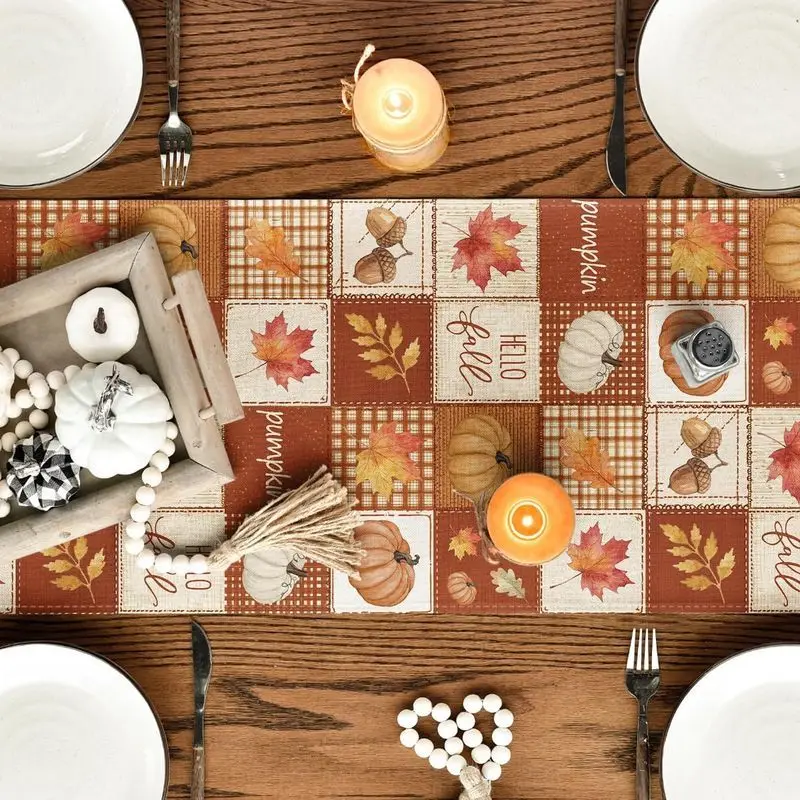 VIKAMA Linen Fall Table Runner Pumpkin Maple Leaf Patchwork Table Cover Thanksgiving Harvest Home Dining Party Table Decoration