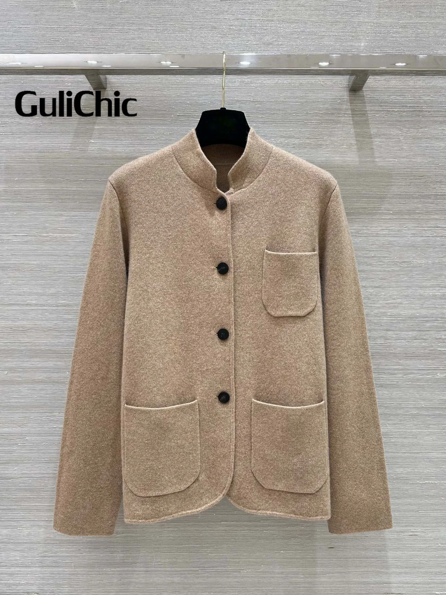 9.5 GuliChic 2024 Temperament Cashmere Knit Set Stand Collar Single-Breasted Pocket Cardigan +High Waist Straight Pants Women