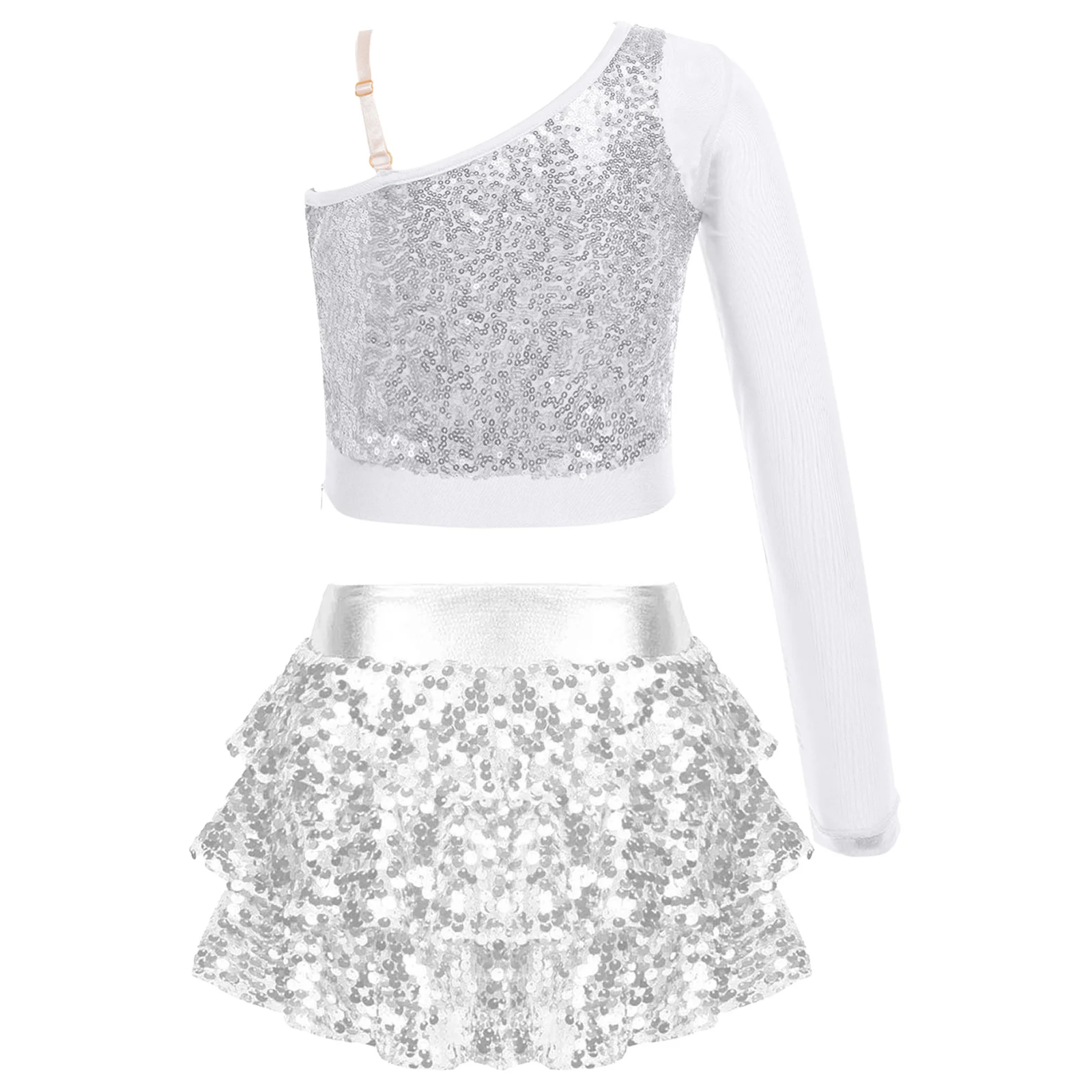 Kids Girls Jazz Dance Costume Cheerleading Stage Performance Dancewear One Shoulder Shiny Sequins Crop Top with Ruffle Skirt