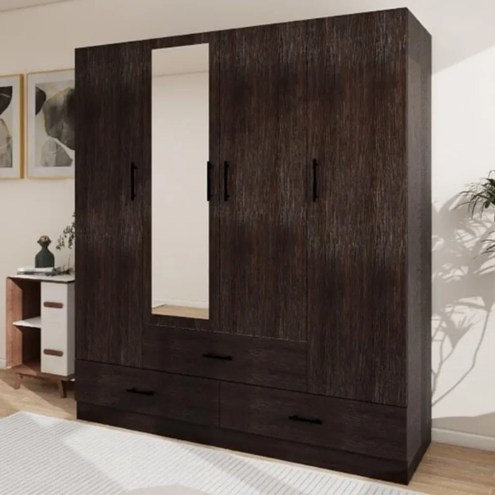 

71" H Armoire Wardrobe Closet, Wardrobe Closet with 3 Drawers & Shelves, 4 Doors Bedroom Armoires with Mirror & Hanging Rod