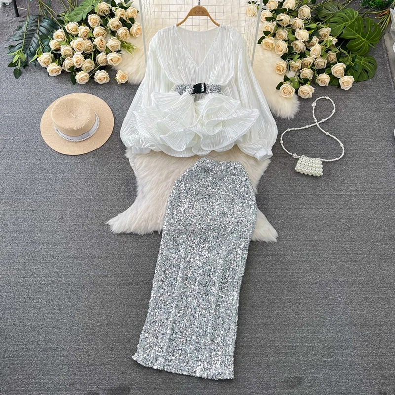 

Women's Lantern Long Sleeved V-Neck Ruffled Glossy Shirt and High Waisted Sequined Skirt Fashion Two-Piece Set