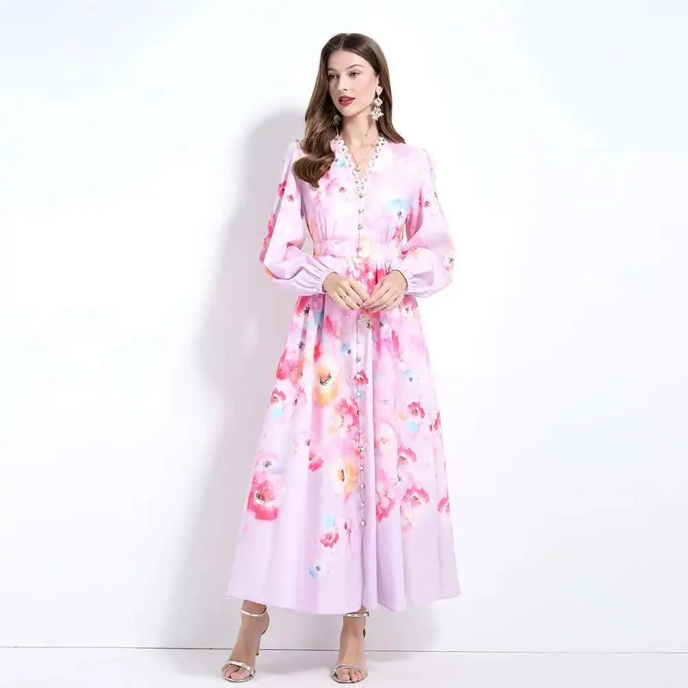 ดอกไม้ชุดยาวผู้หญิงฤดูร้อน 2025 ฤดูใบไม้ผลิเดี่ยวลูกไม้ V คอสายจีบโคมไฟแขนยาวชุด Maxi เสื้อ