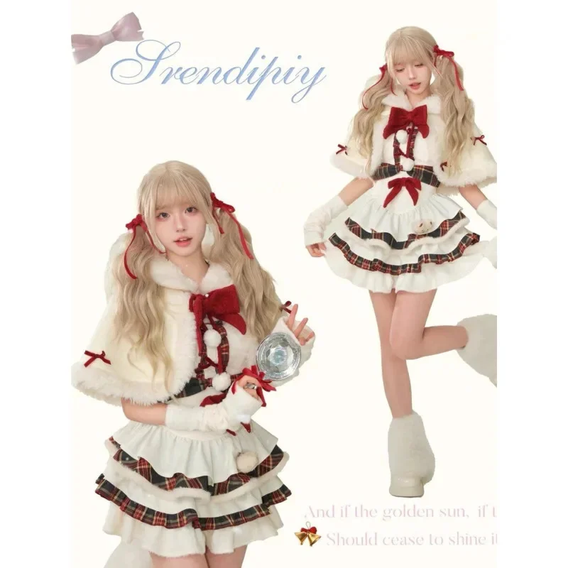 

Christmas Lolita JK Bow Cake Skirt Set Costume Cosplay Dress Cute Girl Ruffle Edge Splice Cloak Long Sleeve Set Western Set New