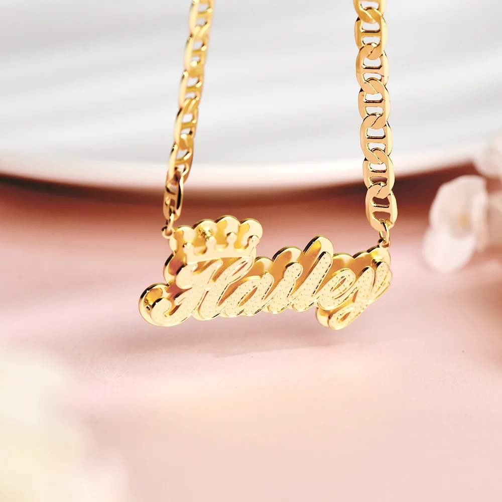 DHQH Customized 3D Name Necklace with Crown Personalized Double Layer Pendant Flat Chain Women's Stainless Steel Jewelry Gift