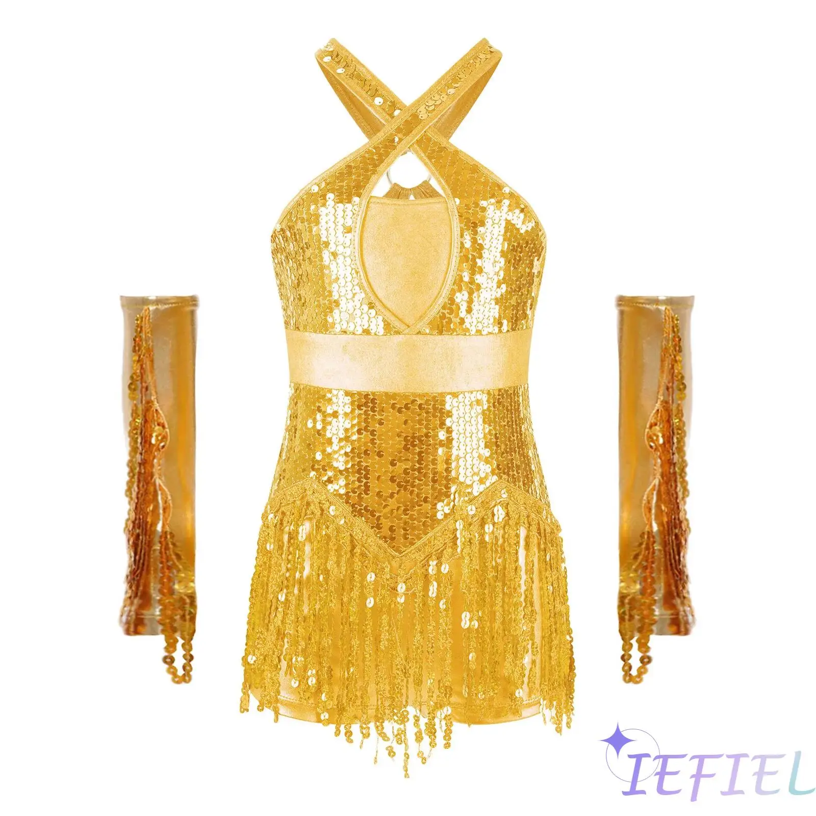 

Children Girls Latin Cha-Cha Dance Performance Costume Cross Front Cutout Back Sparkly Sequins Tassel Leotard with Gloves Outfit