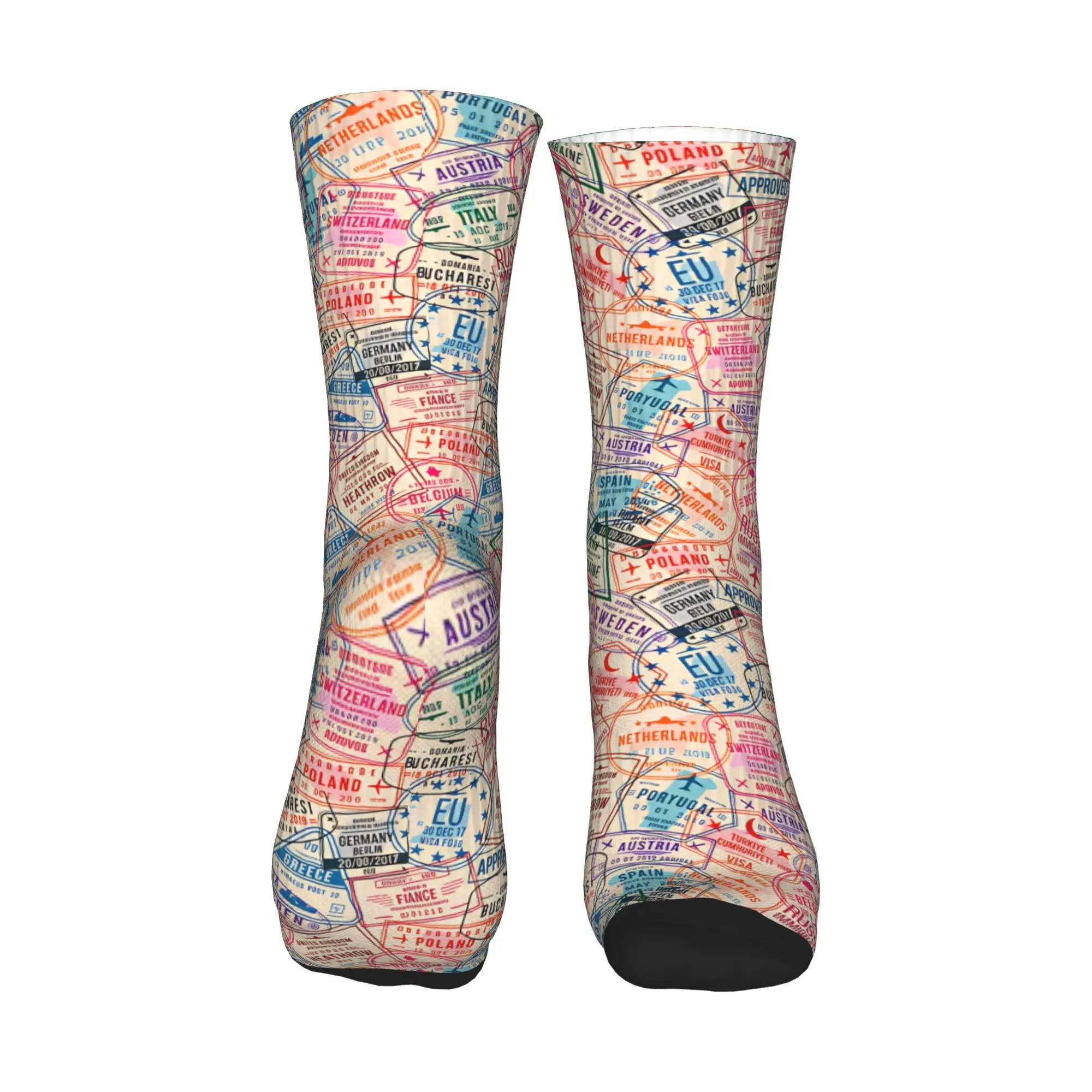 Pastel Europe Travel Collage Passport Stamps Pattern Men Women Crew Socks Unisex Cute 3D Printing  Dress Socks