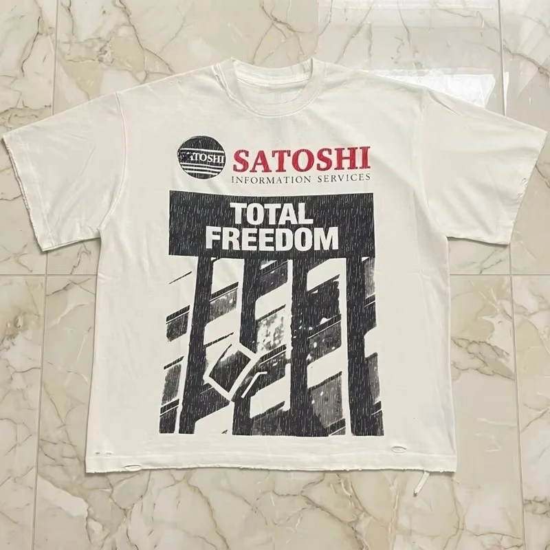 2026 new High Street Harajuku Style Apricot Satoshi Nakamoto T-shirt Perforated Round Neck Short Sleeves High-quality Stock