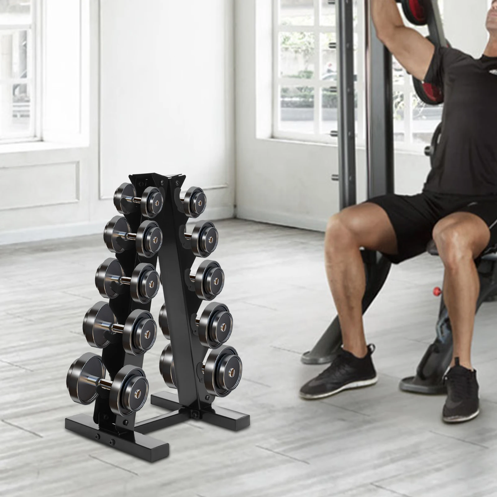 Schwarz/weißer 5-stufiger Hantelhalter, A-Rahmen, Aufbewahrungsregal, 100 kg Gummi-Sechskant-Neopren-Hantelhalterung für Zuhause, Hotel, Fitnessstudio