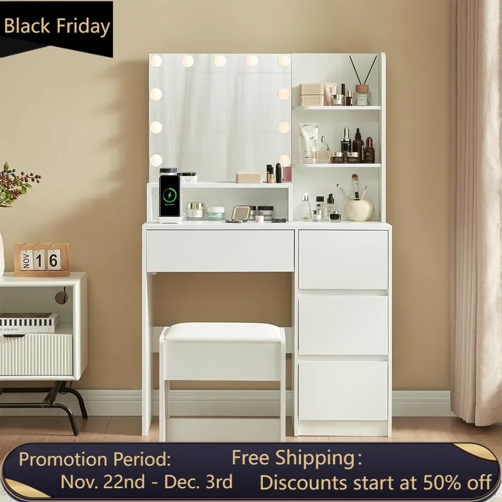 Small dressing table with mirrors in 3 lighting colors (adjustable brightness), 4 drawers, power outlet, USB port, stool