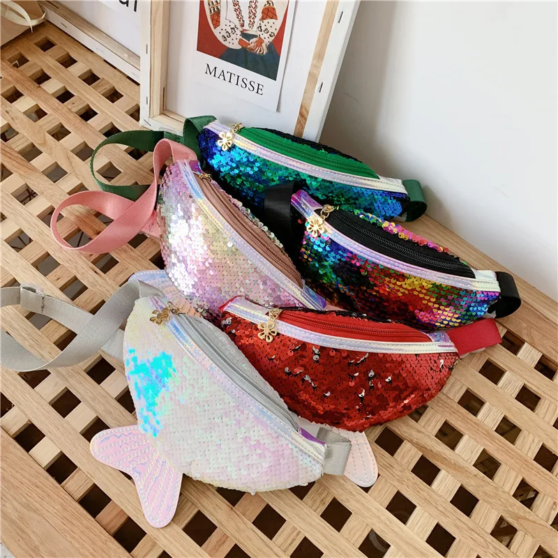 Fashion Girls Sequin Fish Tail Shape Waist Bag Cute Children Shoulder Bags Phone Handbags Purse Chest Bag