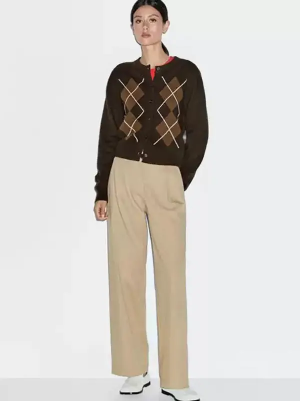 Retro de malha longo sve redondo ne aberto frente casaco para mulheres outono faculdade sle xadrez outerwear senhoras faion malhas