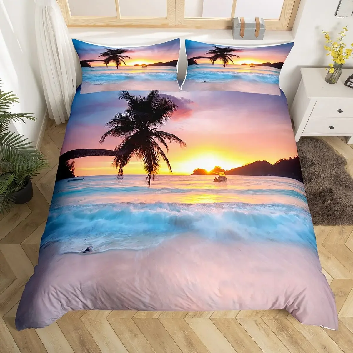 Beach Theme Duvet Cover for Boys Girls Twin King Size Hawaiian Beach Bedding Set Summer Tropical Nature Scene Comforter Cover