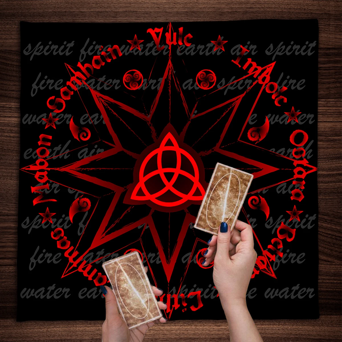 Red Wheel Of The Year Tarot Tablecloth Modern Paganism Wicca altar cloth Wiccan calendar and holidays Tarot Card Table Cloth