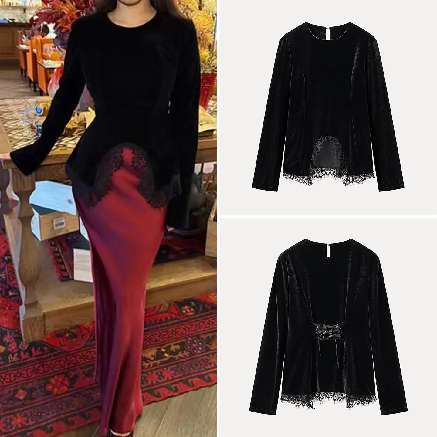 

Модная однотонная женская базовая блузка с кружевными вставками, весна 2026, элегантный индивидуальный дизайн, простой крой, длинный рукав, круглый вырез