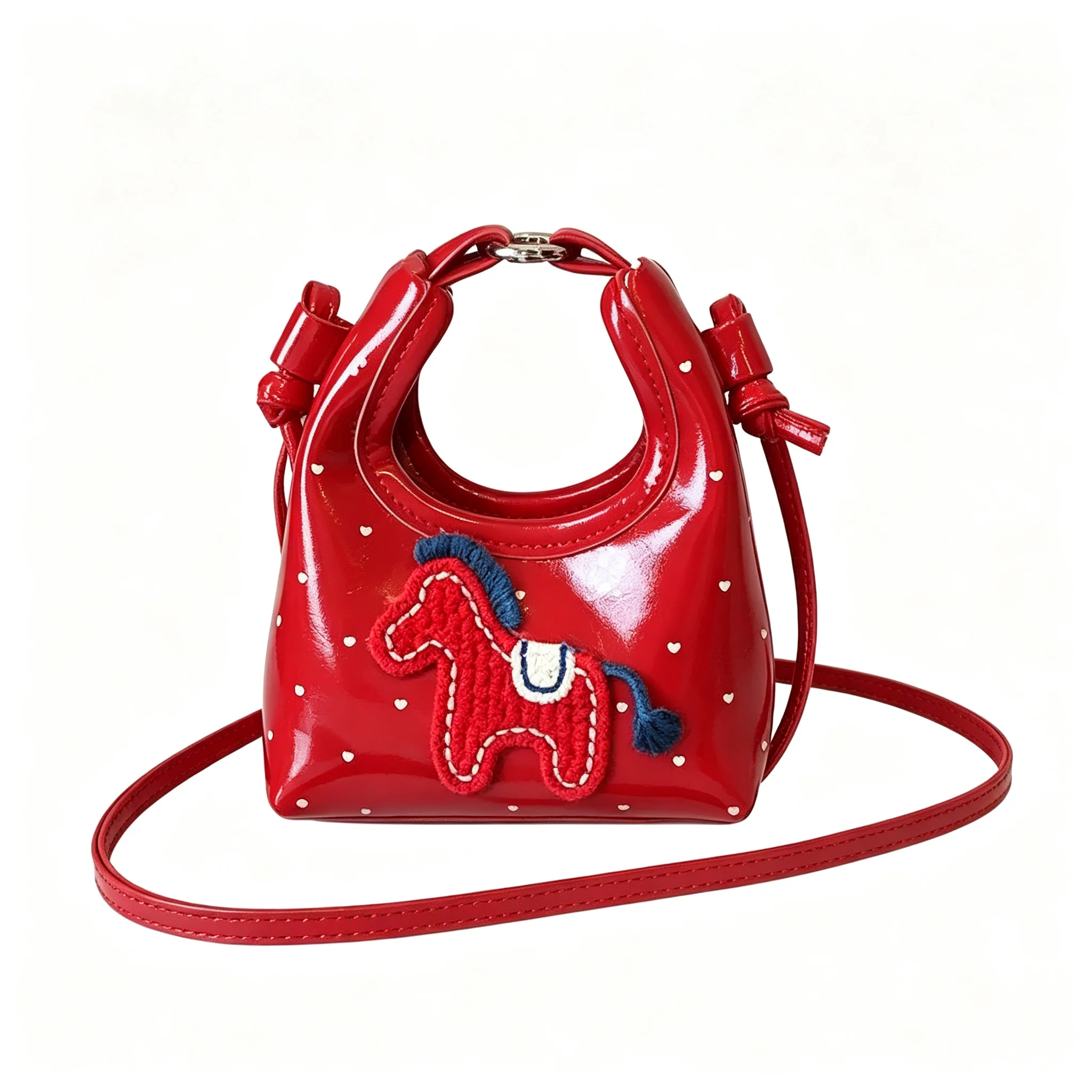 Red Pink Beige Cute Horse Embroidered Mini Hobo Bag Heart Dot Patent PU Leather Handbag Wristlet Crossbody Coin Purse for Girls