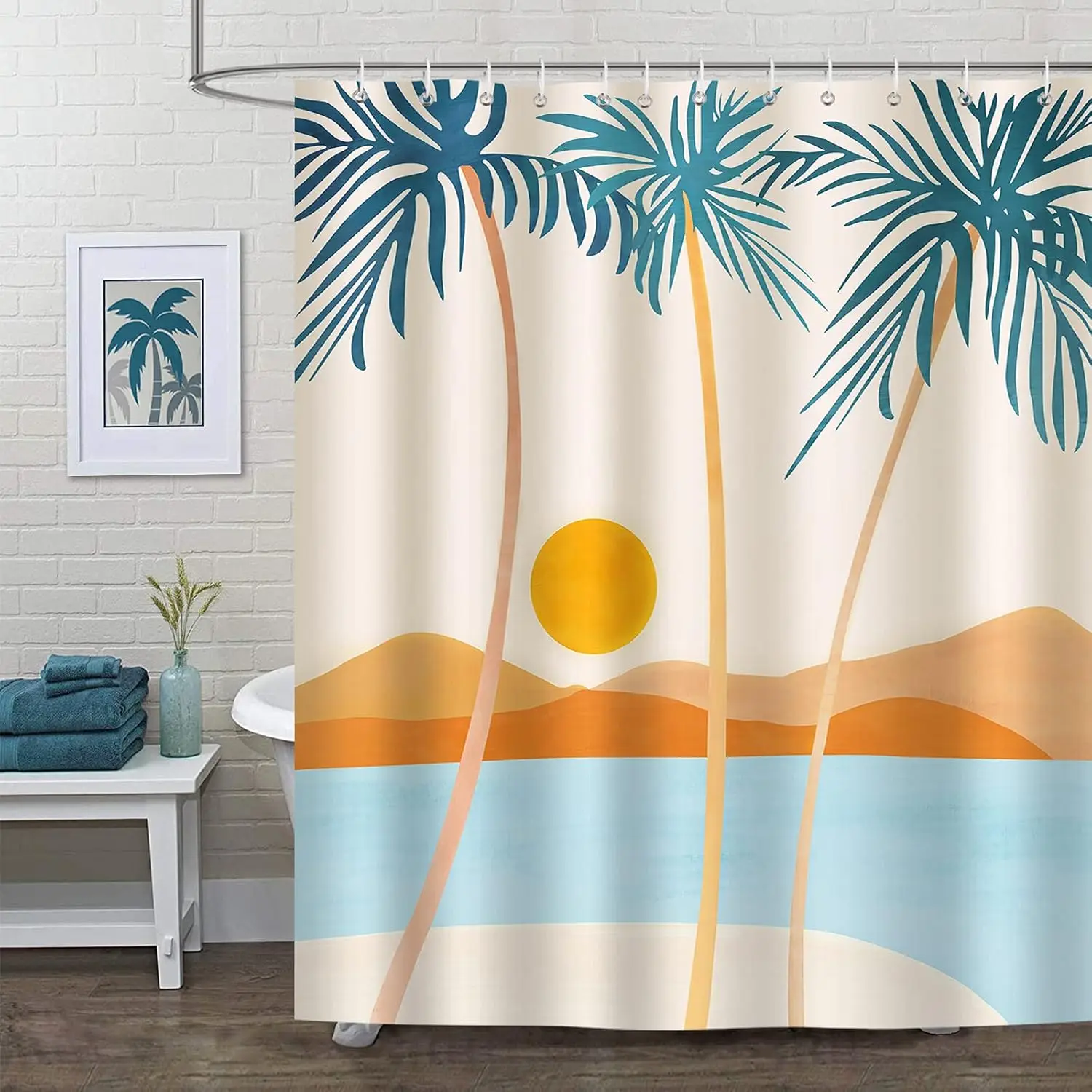 Tropical Beach Shower Curtain Hawaiian Palm Tree Mid Century Boho Waterproof Bathroom Partition Bath Curtains with Hooks