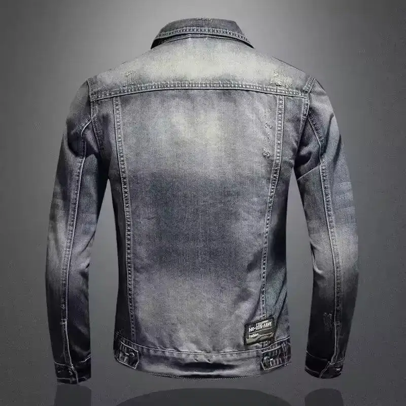 Men's Denim Jacket American Style Vintage Wash Distressed Casual Slim Fit Smooths Your Silhouette Long Sleeve Denim Blazer Trend