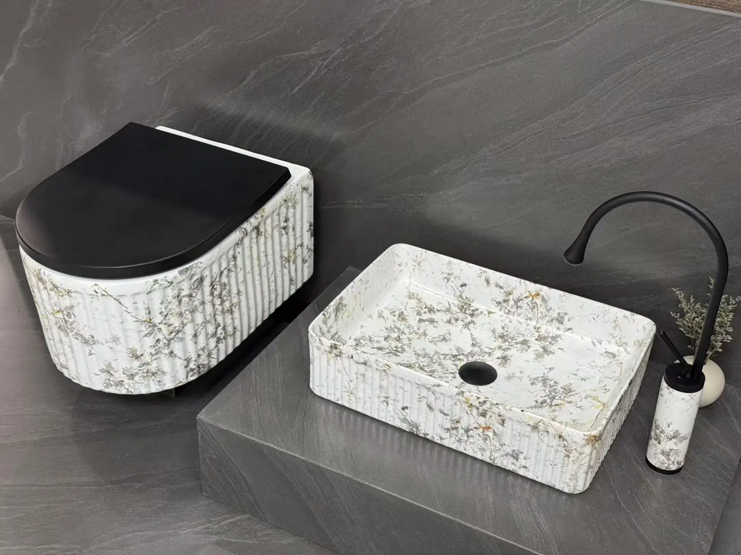 High Temperature Marble Pattern Wall Hung Toilet Wash Basin for Hotel Use