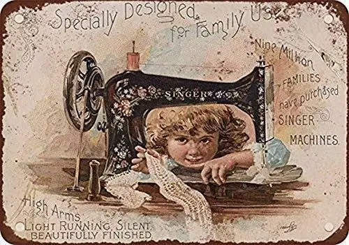 Retro Vintage Metal Plaque Sign Little Girl and Sewing Machines Tin Sign for Home Bar Kitchen Pub Wall Decor Signs 12x8inch