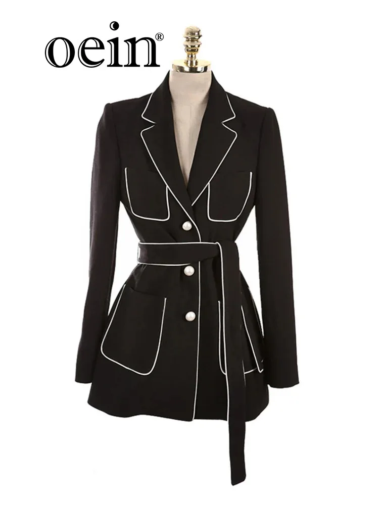 [oein] 2024 Spring Collar Small Suit with White Edge Pearl Button Belt Versatile Top Long Sleeve Coat