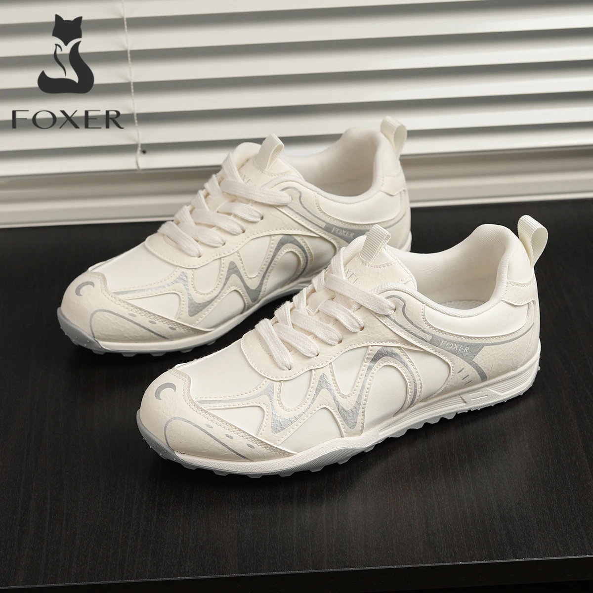 FOXER Soft Leather Women Sneakers White Lace Up Casual Flat Shoes Ladies Lightweight Non-slip Sports Footwear Zapatillas Mujer