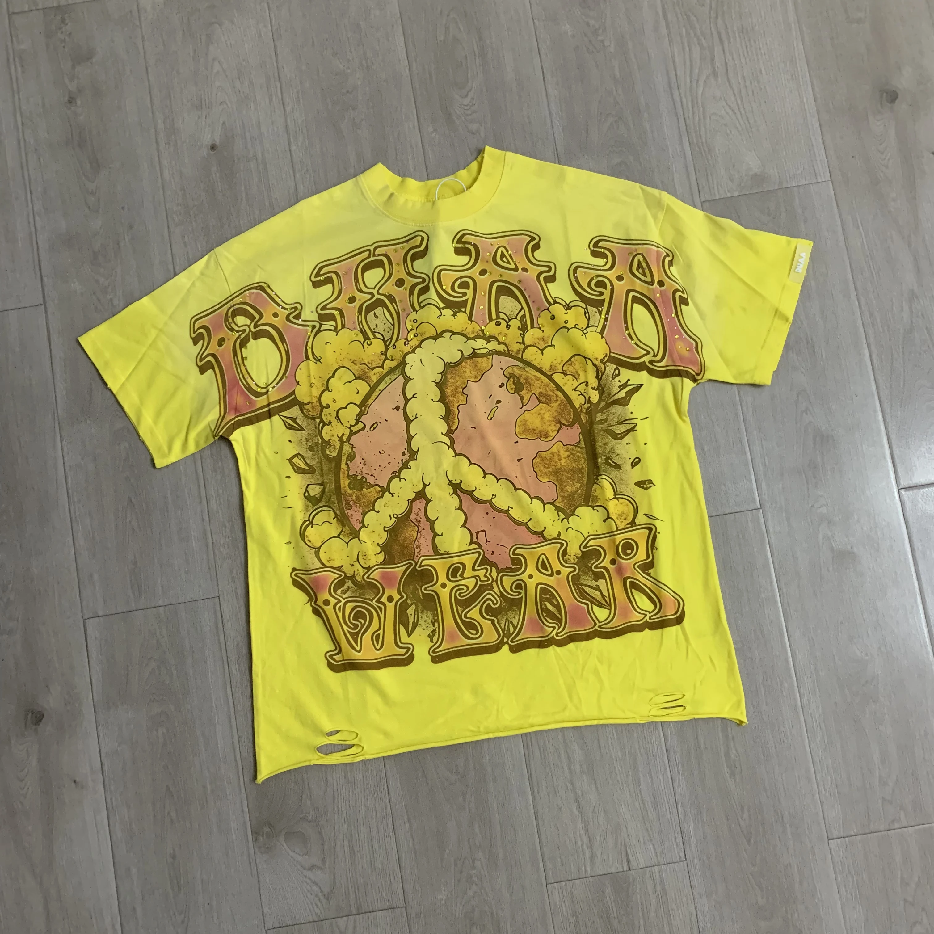 Trendy Retro Print Cotton T-Shirt for Men High Quality Heavyweight Short Sleeve Distressed Diamond Heat Transfer Streetwear