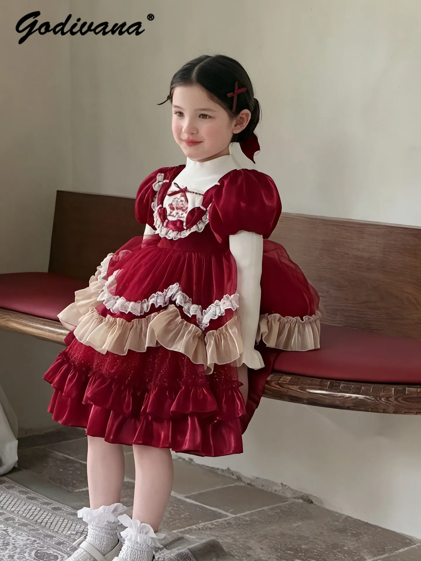 Baby Girl Autumn and Winter Red Cute Lolita Princess Dress Kids New Year Fleece Lined Heavy Ruffle Trim Bow Puff Sleeve Gown