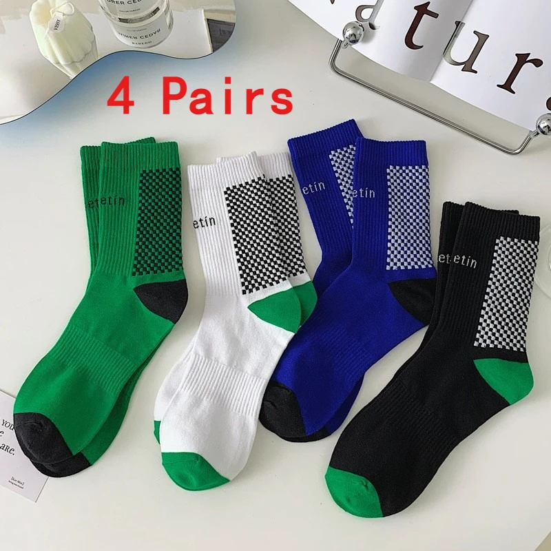 

4 Pairs Women's Crew Socks New Trendy Blue Casual Cotton Mixed-Color Short Socks Breathable Creative Fashion Socks Anti-slip