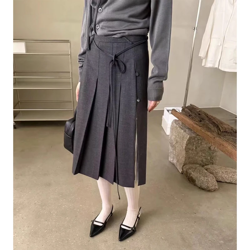 تنورة أنيقة عالية الخصر بحزام غير متماثل للتخسيس، تنورة متوسطة الطول بطيات على شكل حرف Ele بلونين للنساء #1