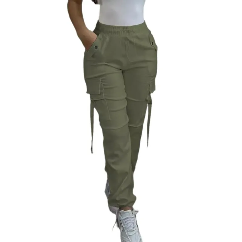 Cargo Pants Women Streetwear Elastic Waist Solid Color Slacks Multiple Pockets Female Casual Ankle Length Trousers 2025 Summer