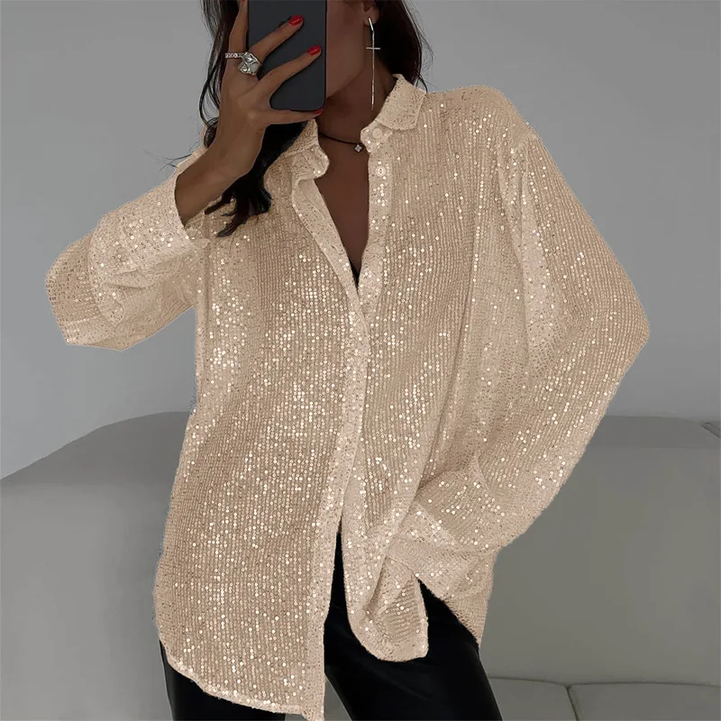 Lapel Oversized Women\'s Sequin Shirt Casual Glitter Loose Long Sleeve 2024 New Silver Vintage Shirt Glitter