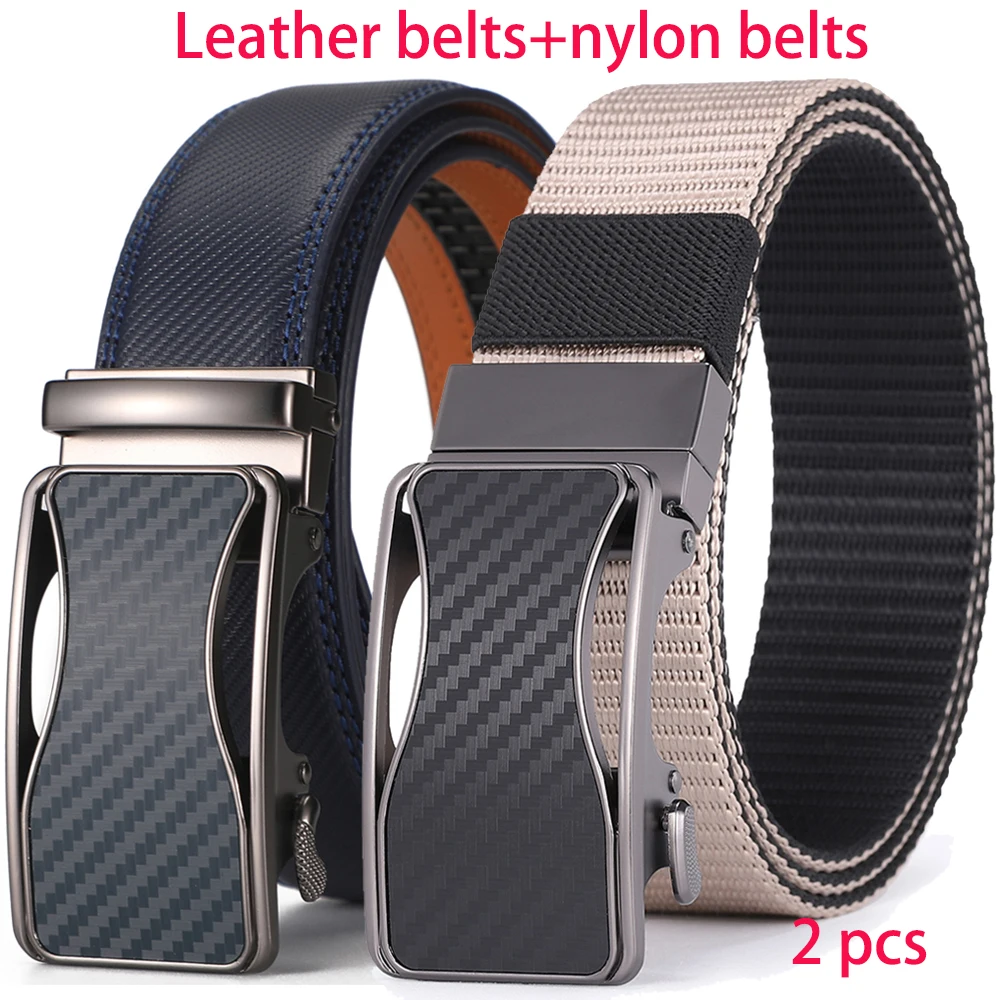 

2 Pcs Set Belts for Men Genuine Leather Automatic Buckle Male Belts Tactical Nylon Belt Toothless High Quality a Perfect Gifts