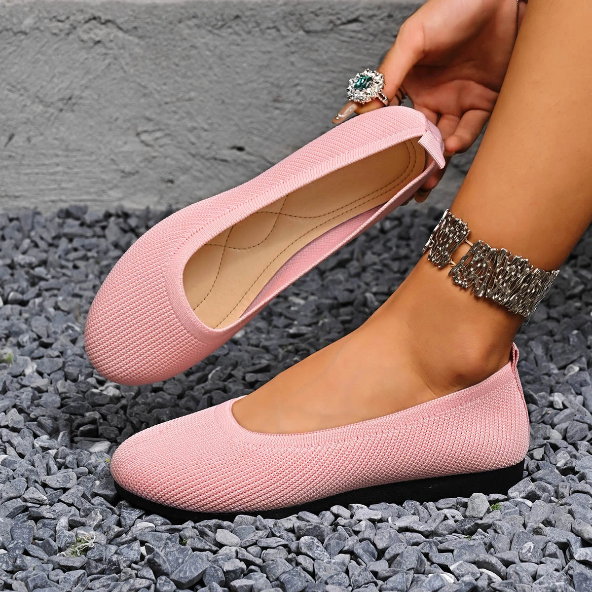 2025 Women Round Toe Flat Shoes Solid Color Knitted Slip on Breathable Loafers Casual Ballet Flats Women Flat Sneakers Women