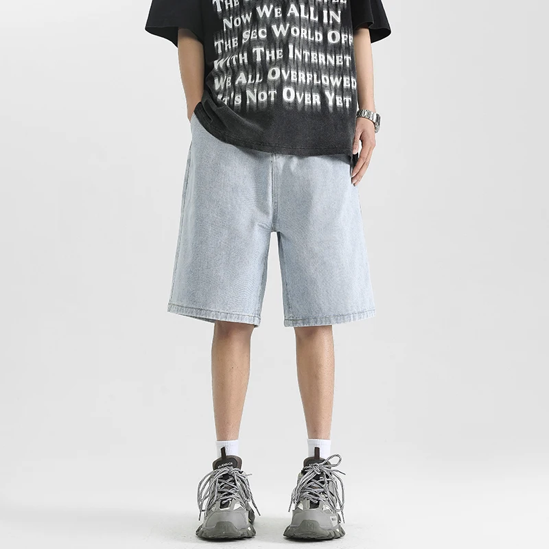 شورت دينم للرجال 2025 صيفي جديد بقصة ضيقة شورت كبير ماركة أمريكية عالية الشارع ريترو فضفاض مغسول عتيق من قماش الدنيم sho