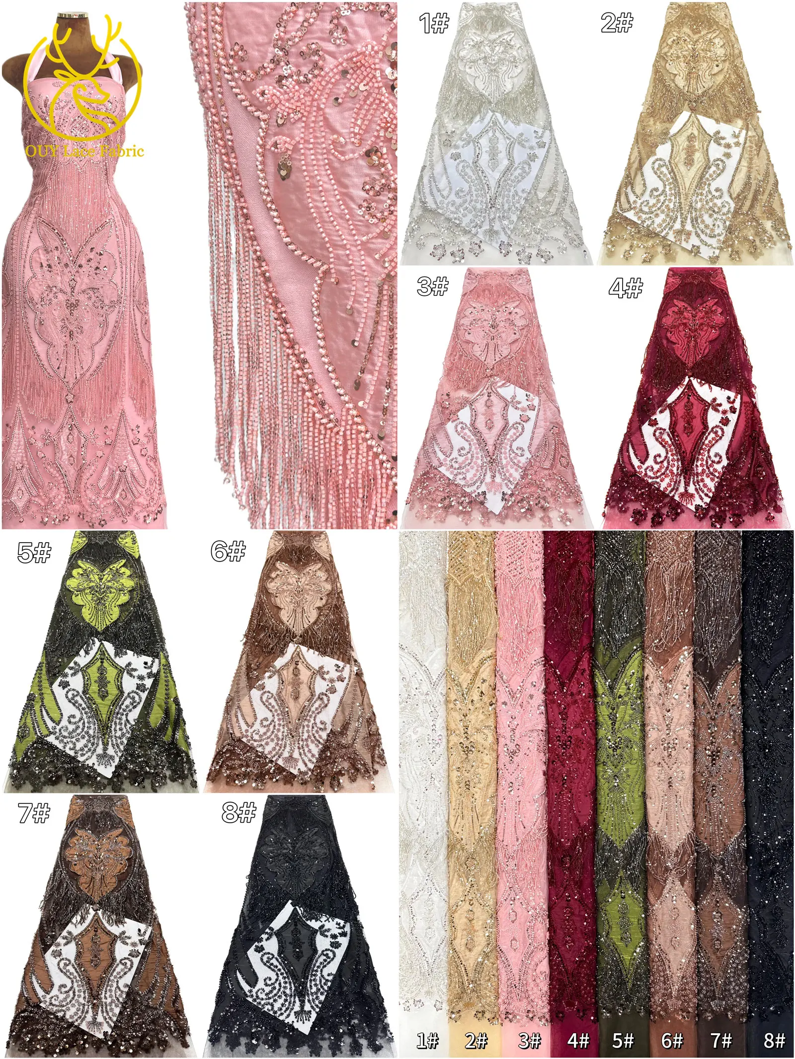 Eleganter Afrikanischer Samt 3D Perlen-Spitzenstoff 5 Yards Französische Pailletten Tüll Stickerei Spitzenstoff Nigerianisches Hochzeitskleid Nähzubehör – Detail 4