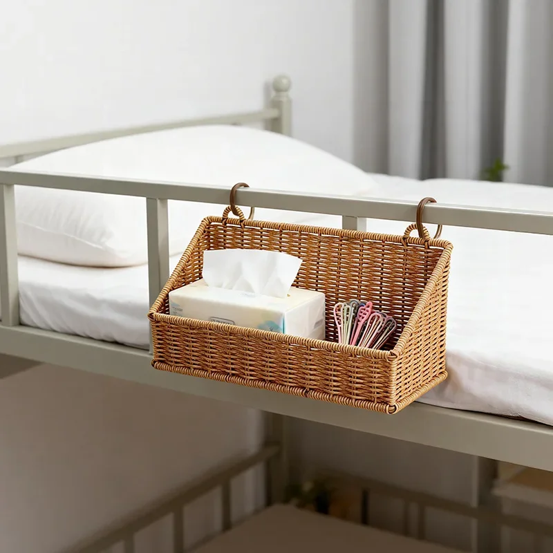 

Rustic Wall-Mounted Basket with Hooks Woven Rattan Storage Hamper Suitable for Bathroom Kitchen Bedroom Living Room Storage Rack