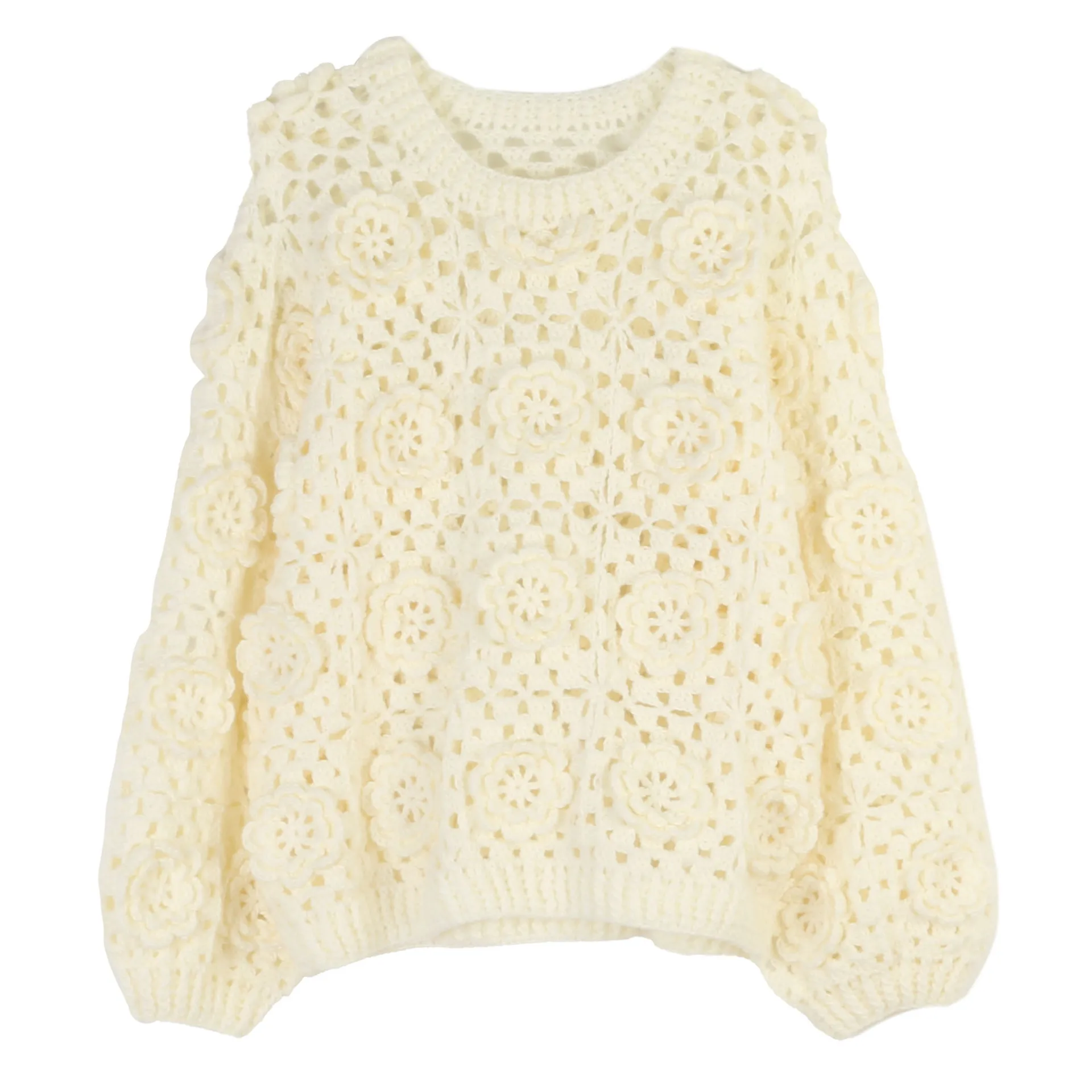

High Quality New Sweaters 2025 Autumn Winter Knitwear Women Allover Crochet Knitting Long Sleeve Casual Beige Jumpers Outfits