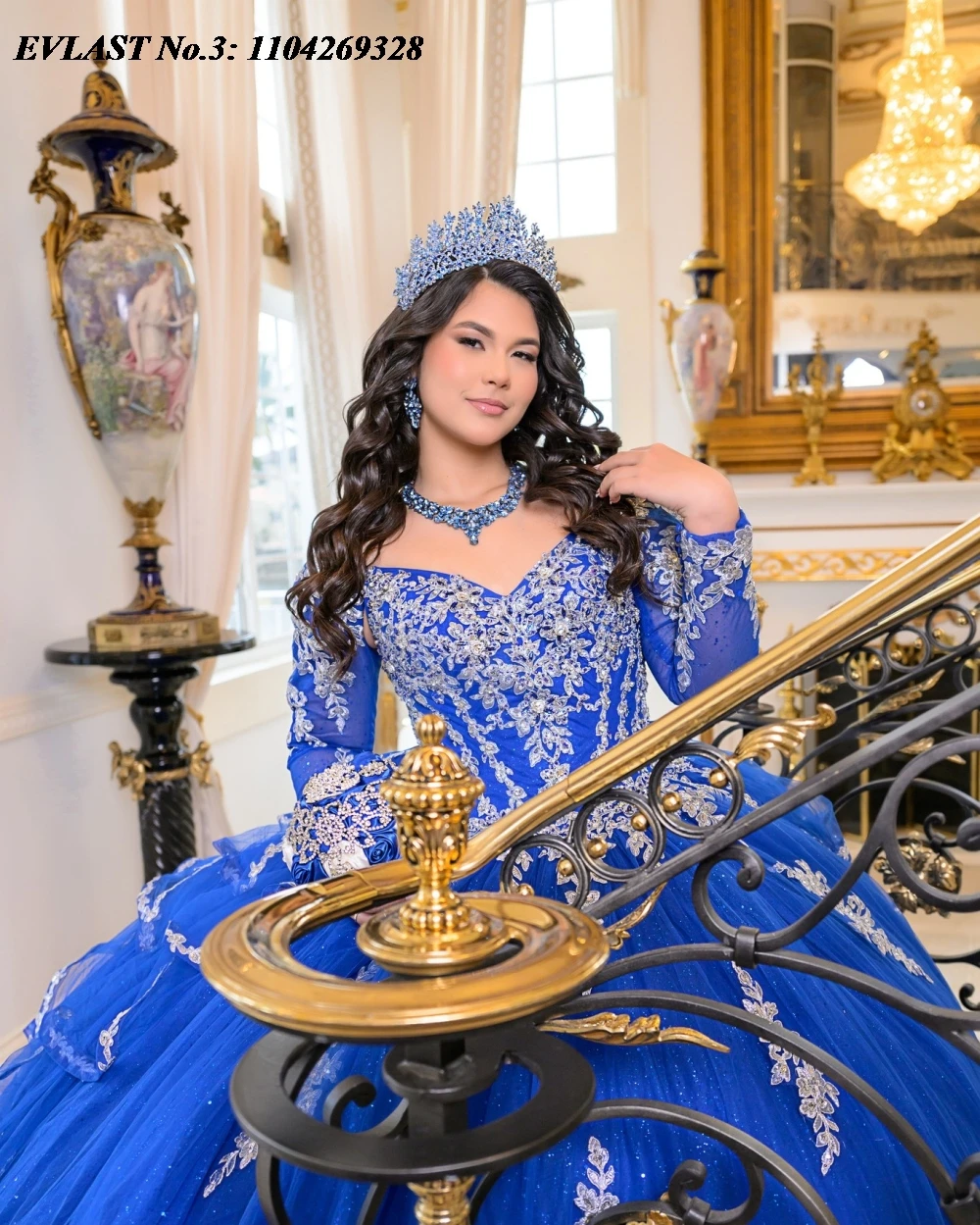 EVLAST Customized Glitter Royal Blue Quinceanera Dress Ball Gown Silver Lace Applique Beaded Sweet 16 Vestidos De 15 Anos E3Q798