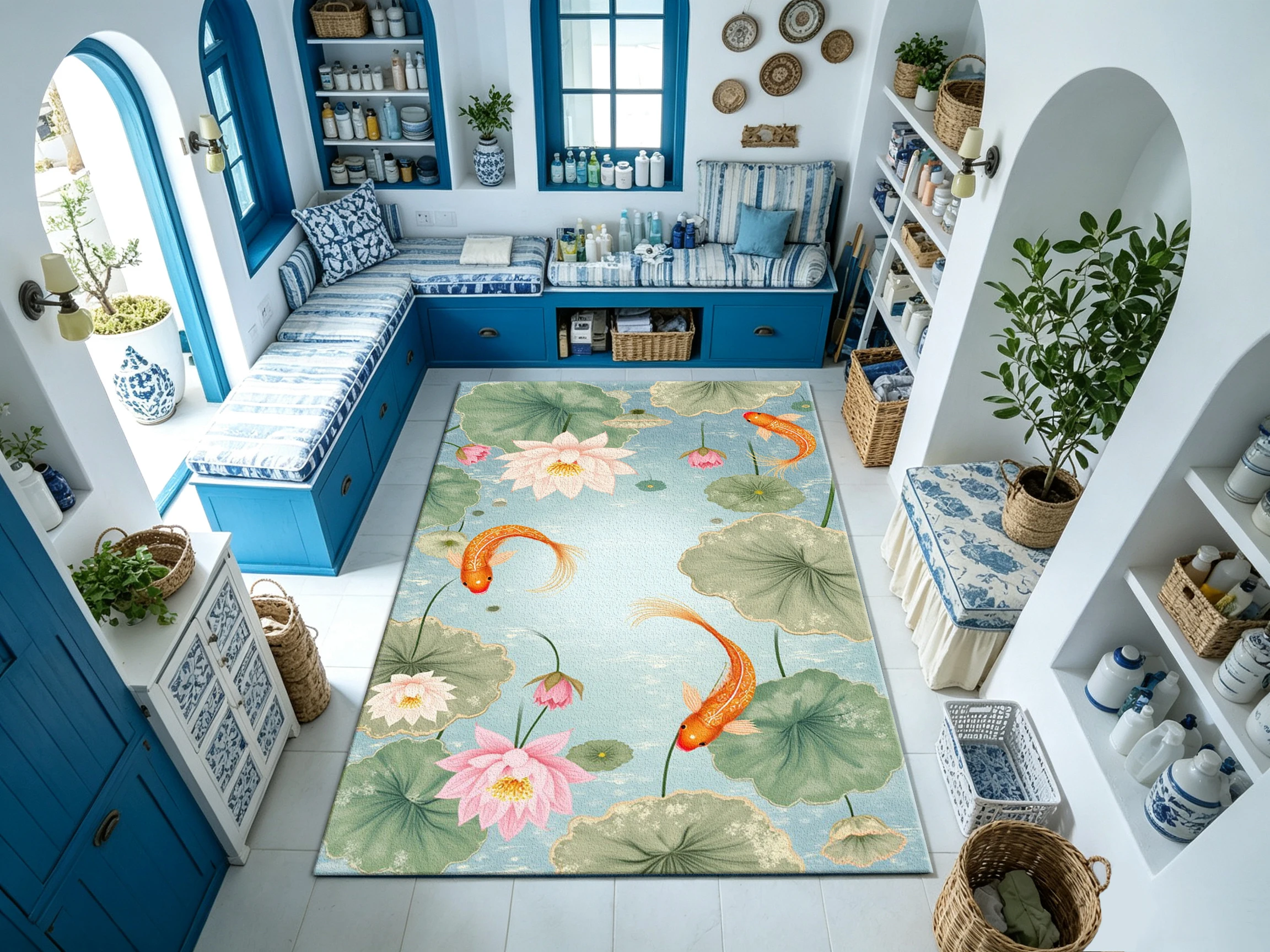 Oriental Koi Fish Lotus Flower Carpet Traditional Style Home Carpet Suitable for Living Room Bedroom Home Decoration