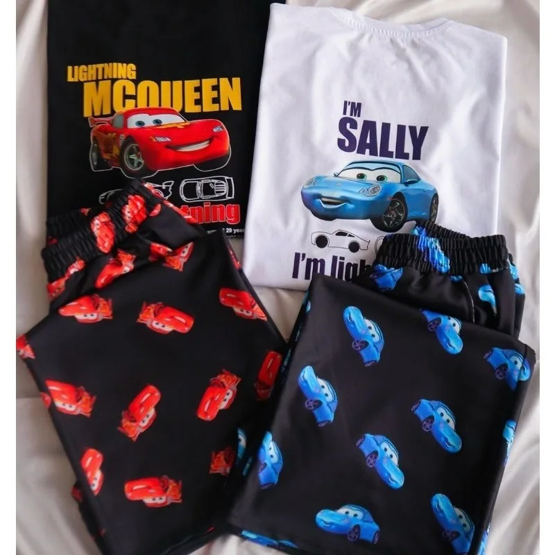 Cars Lightning McQueen Sally Cartoon Couple Home Set Men Y2K Oversized Soft Breathable Loungewear Casual Pajama Pants Tops